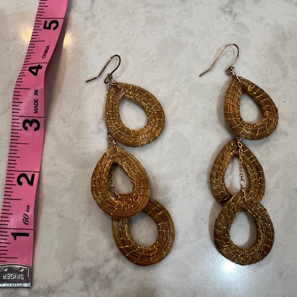 Gold Straw and Wire Dangle Earrings - Picture 5 of 6